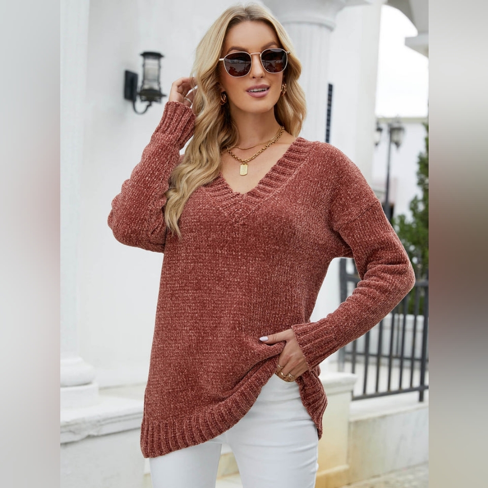 PINK ROSE | Brown Chenille Vneck Sweater - Large